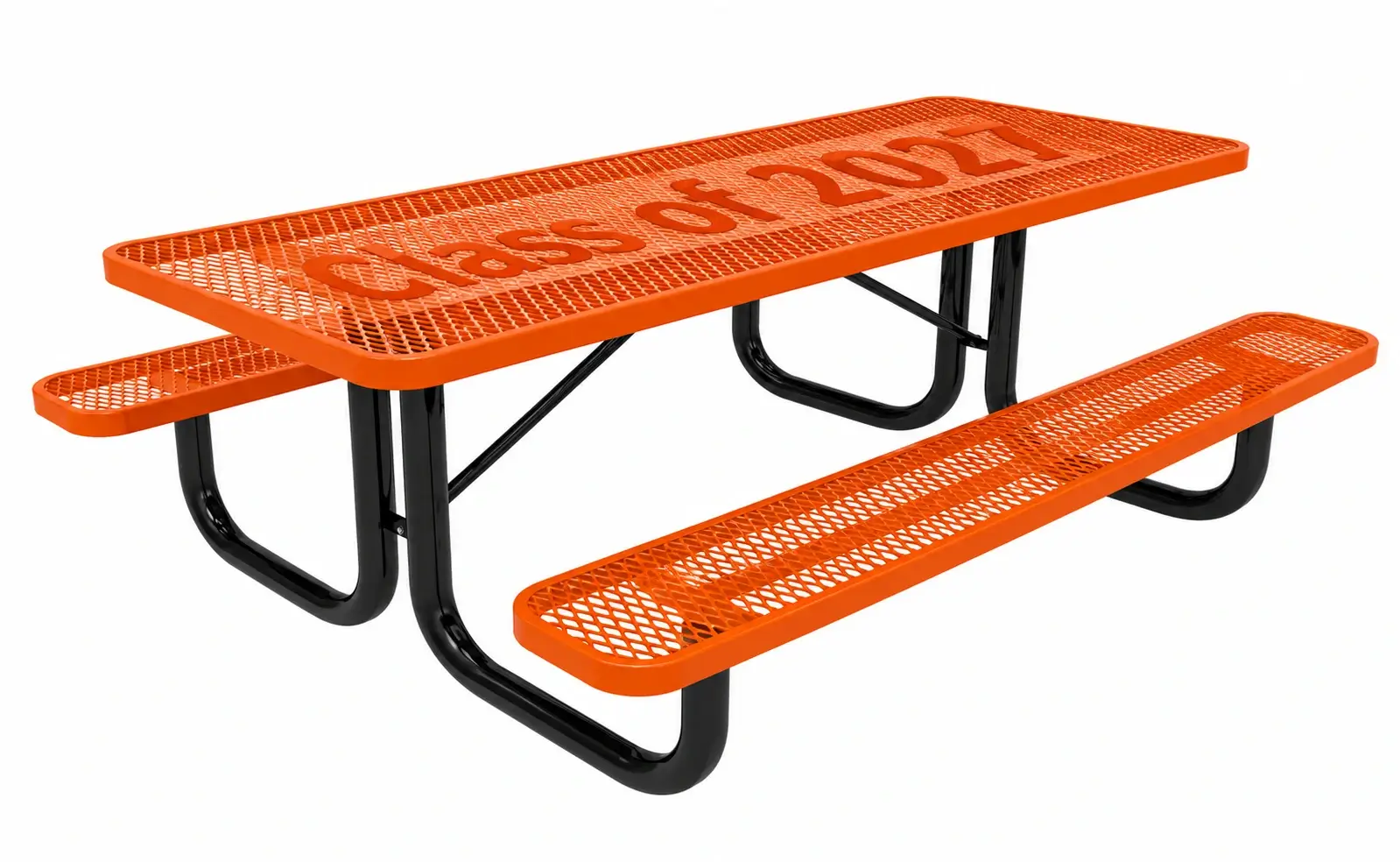 Orange expanded metal commercial picnic table with black frame and custom “Class of 2027” lettering across the tabletop.